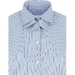 Blue Shirt with Double Collar and All-Over Striped Motif in Cotton for Women