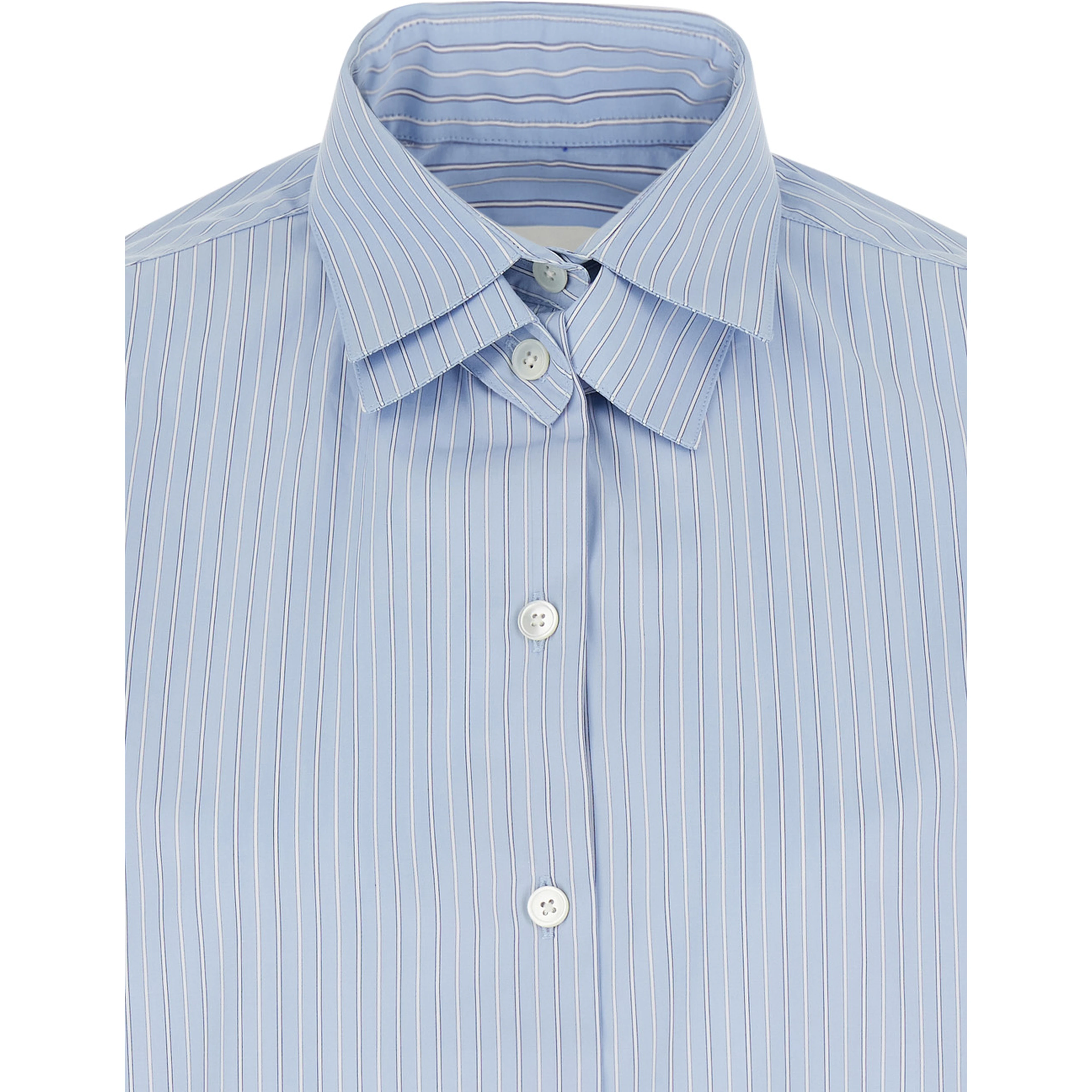 Blue Shirt with Double Collar and All-Over Striped Motif in Cotton for Women