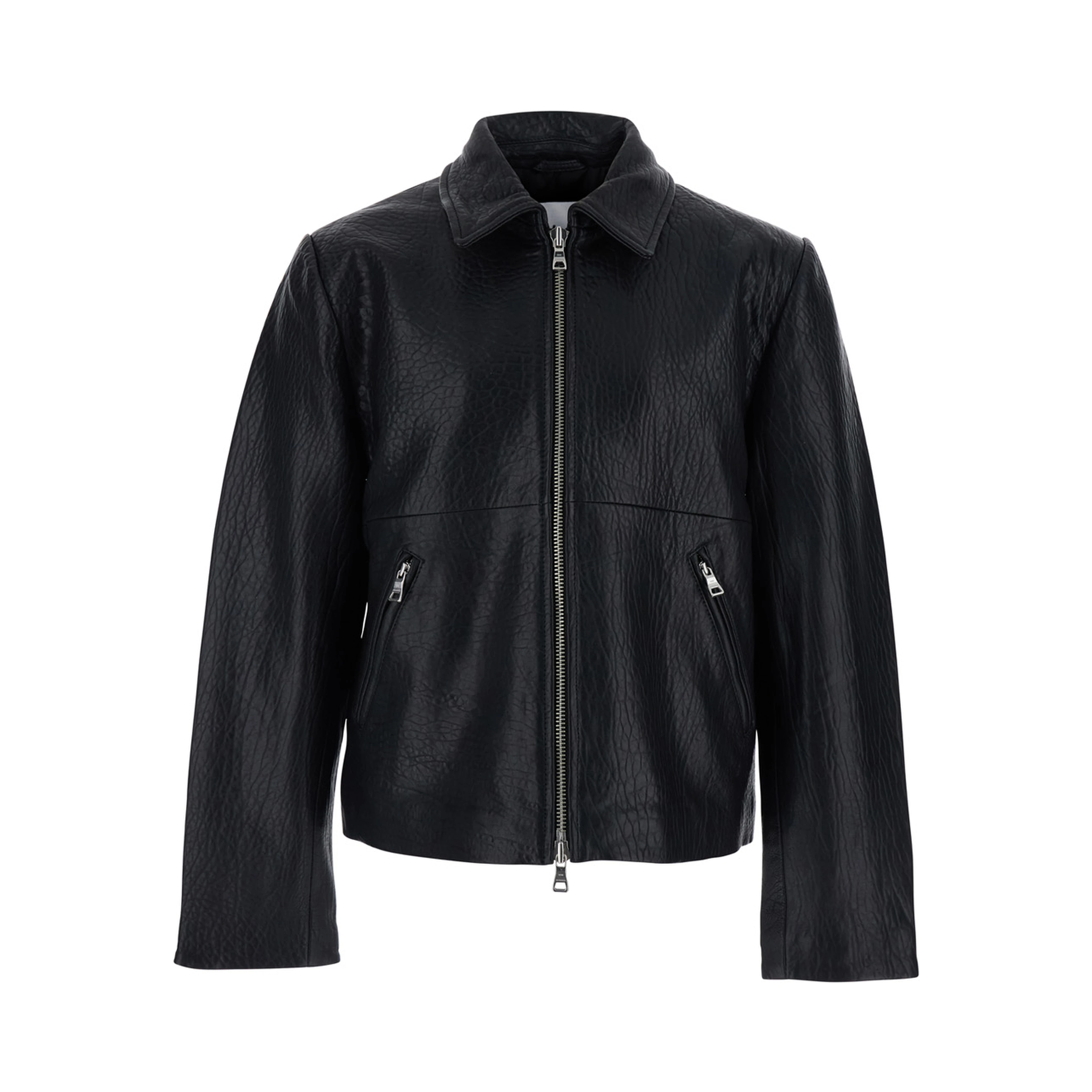 Black Jacket with Classic Collar and Leather Zip Closure for Men