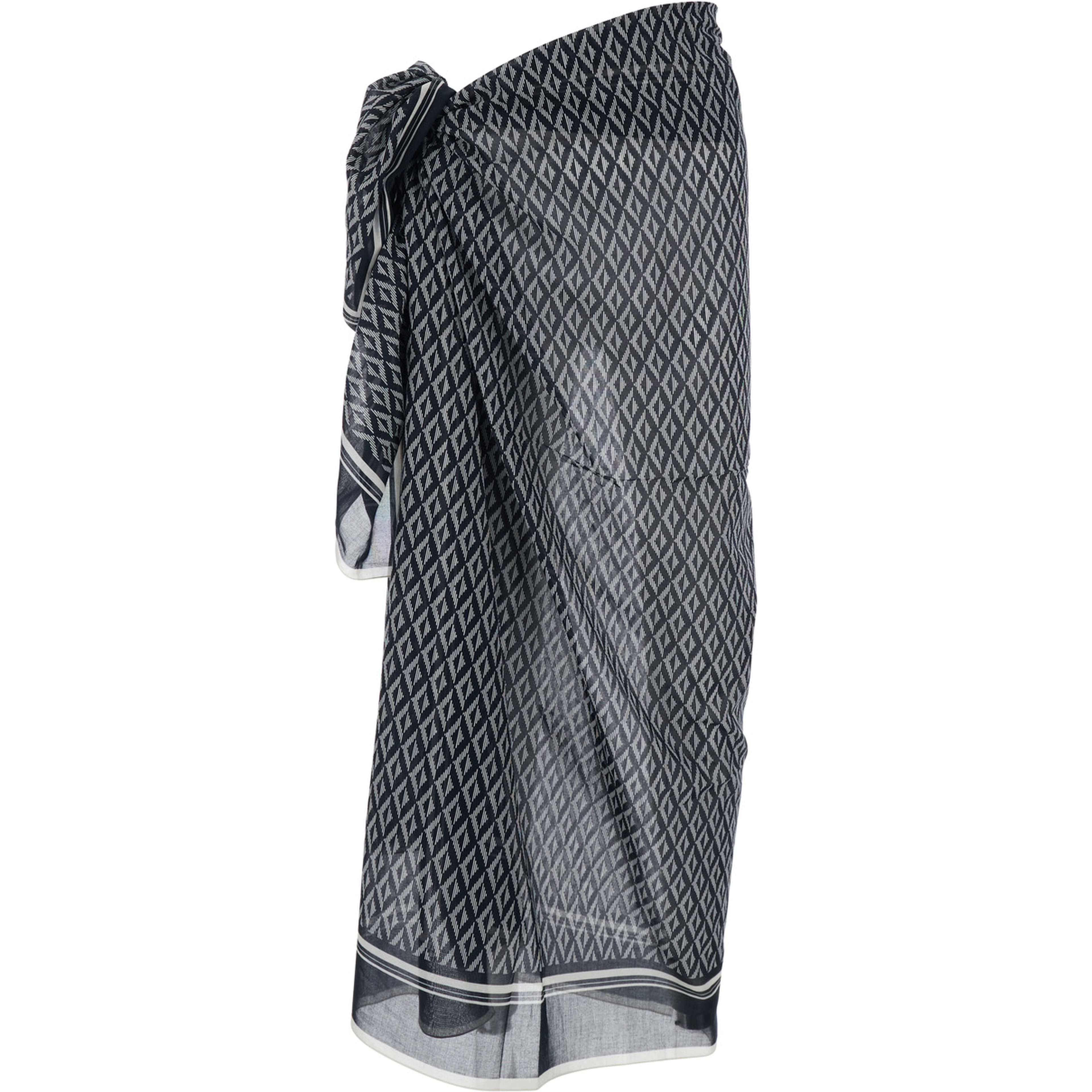 Black and White Asymmetrical Pareo with Geometric Motif in Cotton for Men