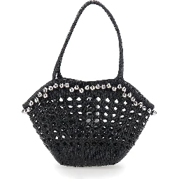 Lip Black Shoulder Bag with Rounded Handles and Bead Details in Leather for Women