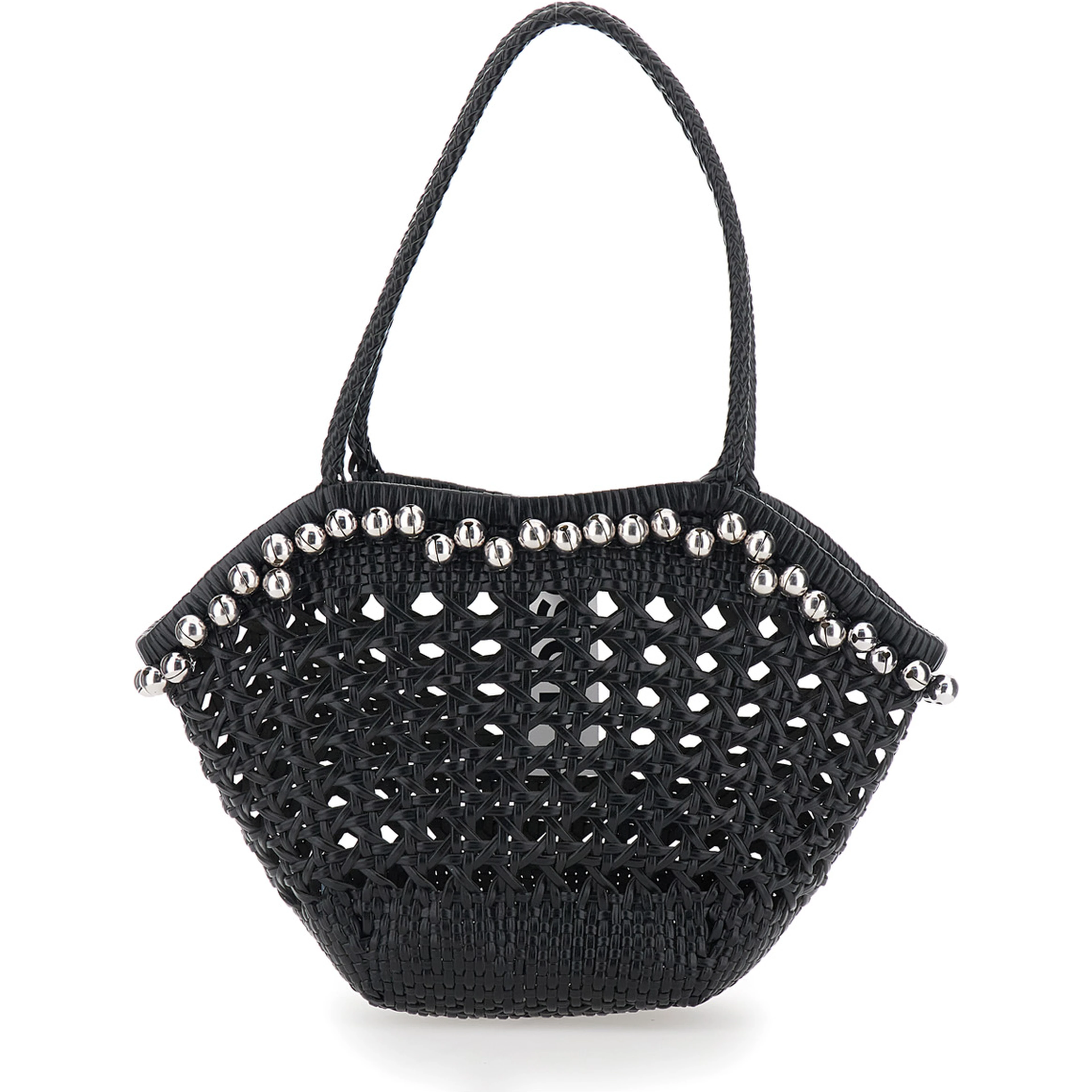 Lip Black Shoulder Bag with Rounded Handles and Bead Details in Leather for Women
