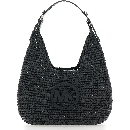 Nolita Small Black Shoulder Bag with Leather Logo on the Front and Woven Design in Raffia Women