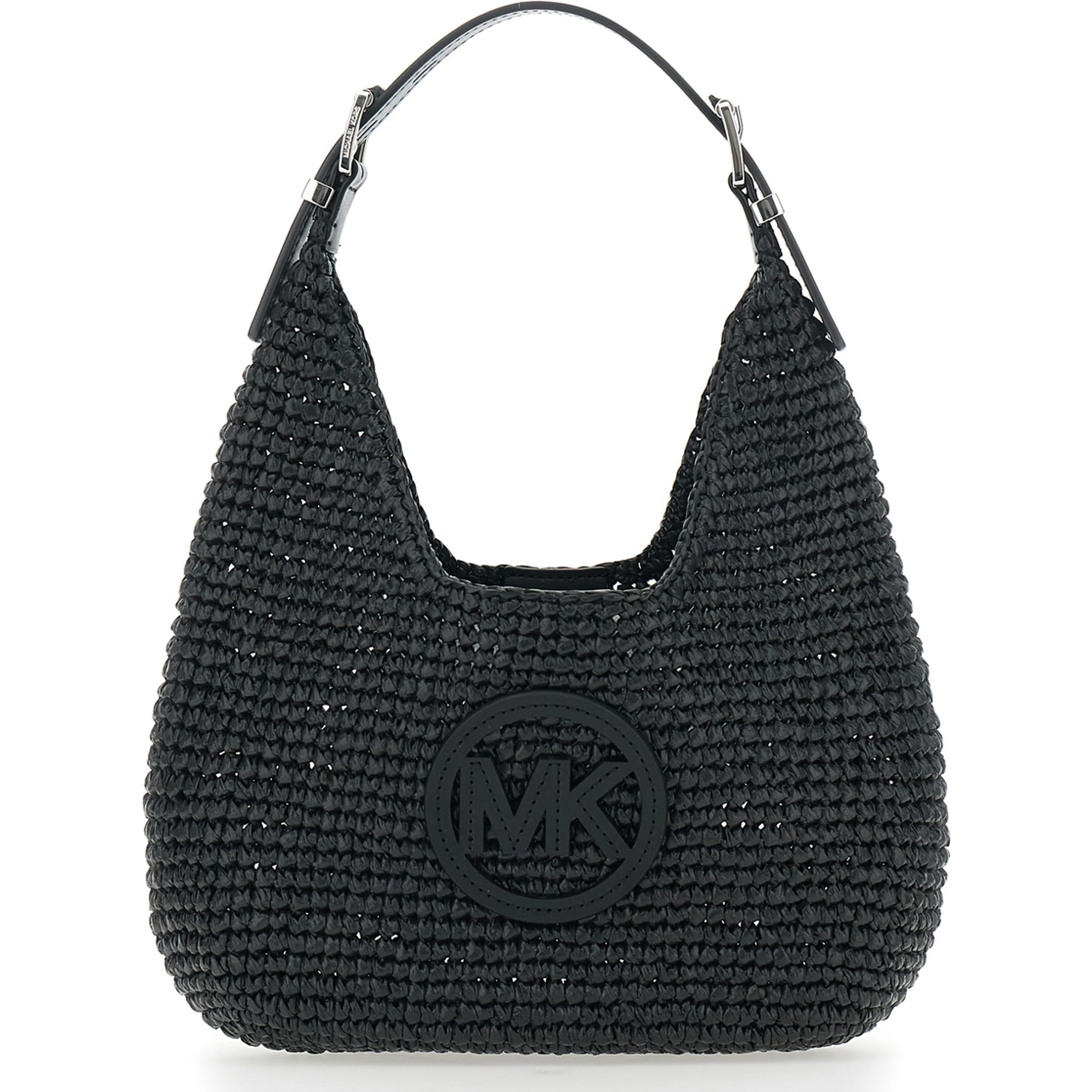 Nolita Small Black Shoulder Bag with Leather Logo on the Front and Woven Design in Raffia Women