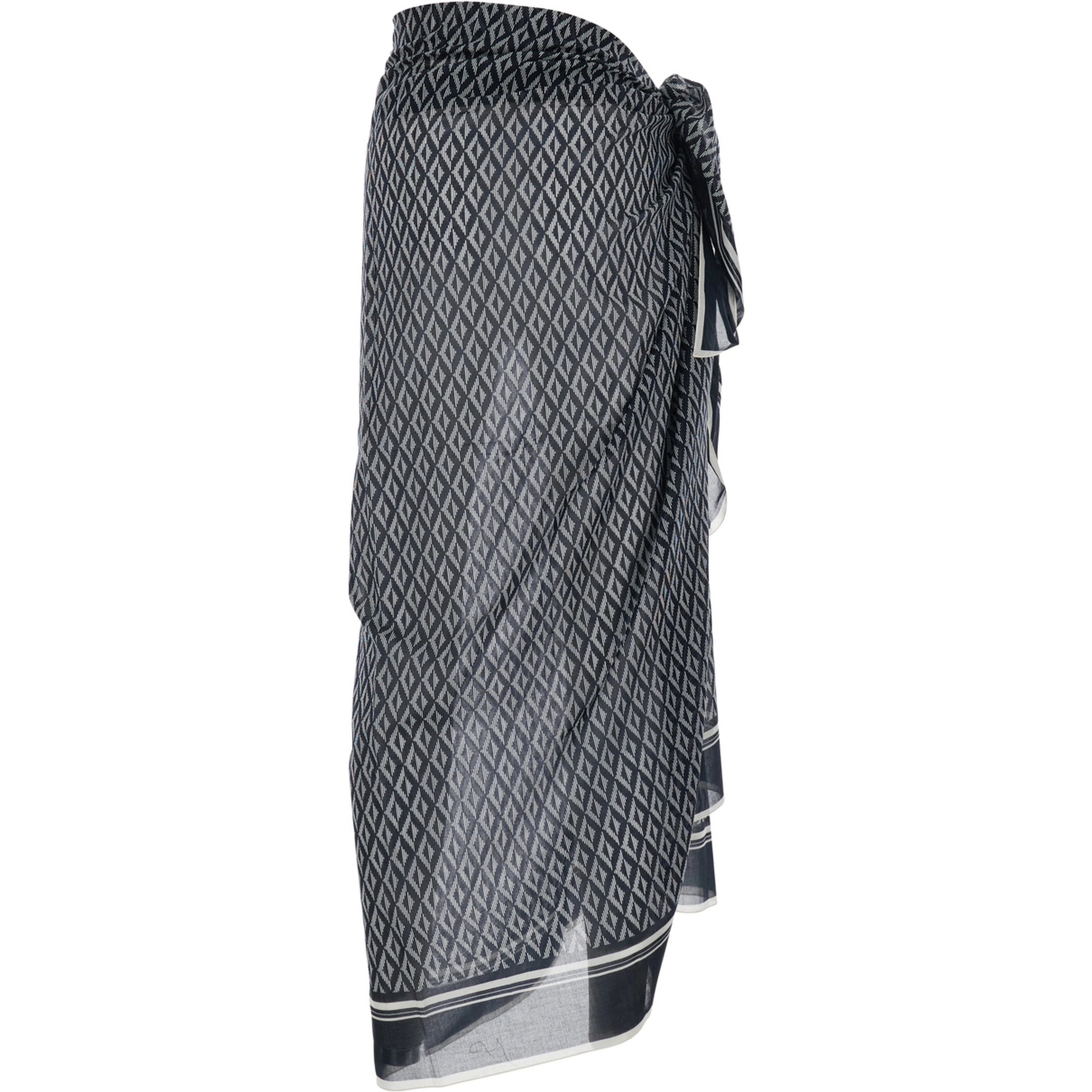 Black and White Asymmetrical Pareo with Geometric Motif in Cotton for Men