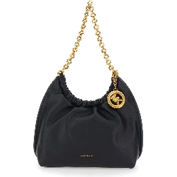Indie Small black Shoulder Bag with chain strap and logo plate on the front in leather women