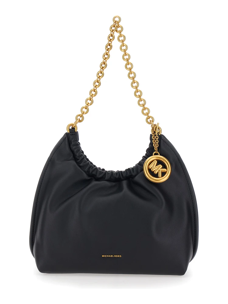 Indie Small black Shoulder Bag with chain strap and logo plate on the front in leather women