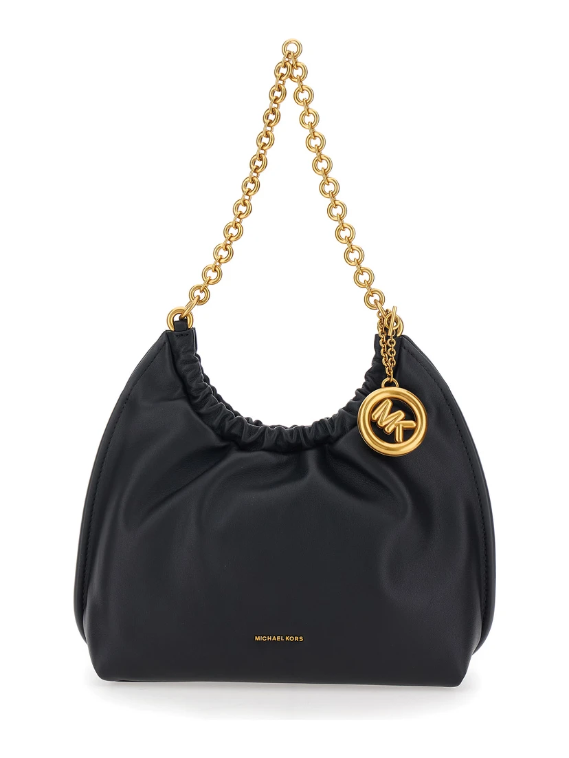 Indie Small black Shoulder Bag with chain strap and logo plate on the front in leather women
