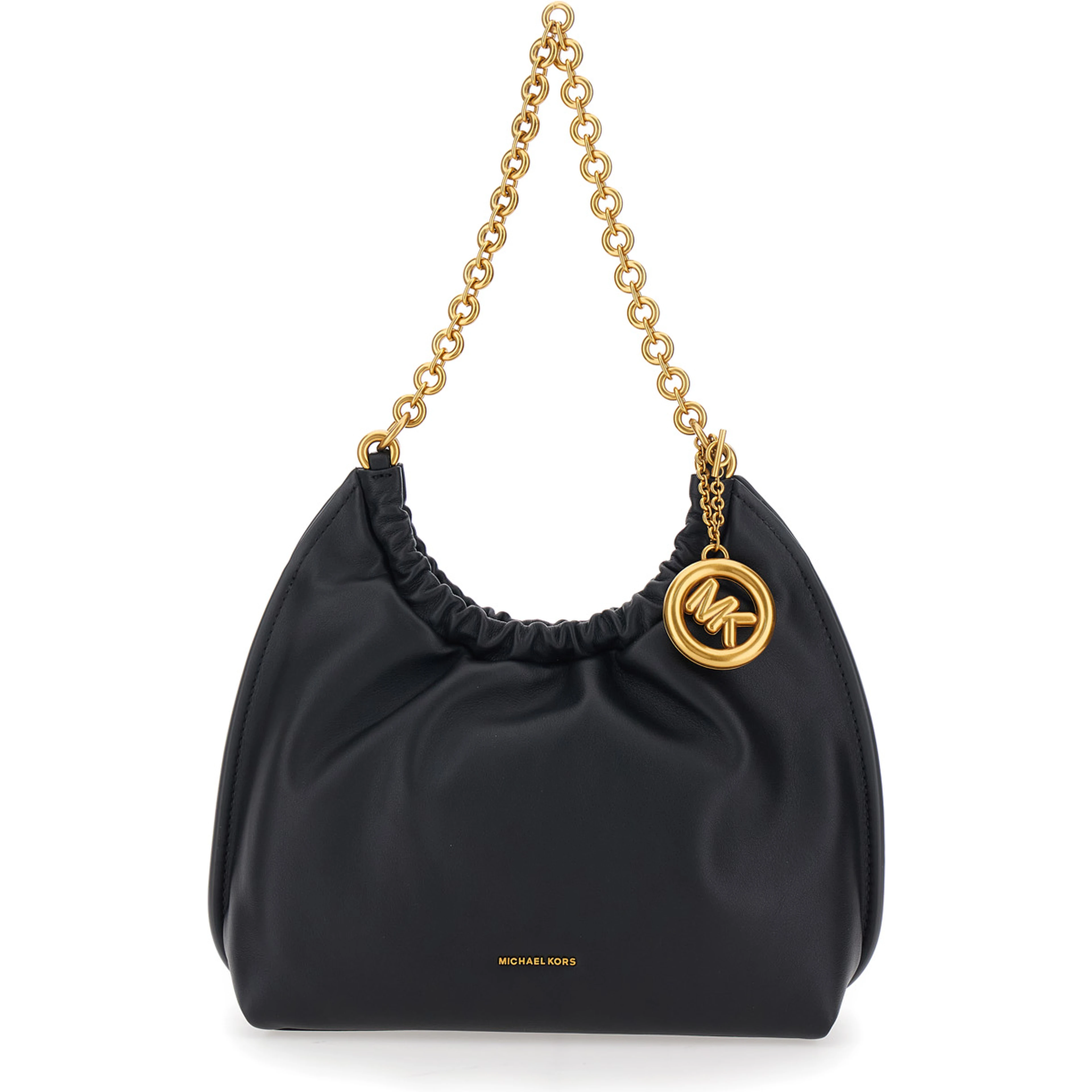 Indie Small black Shoulder Bag with chain strap and logo plate on the front in leather women