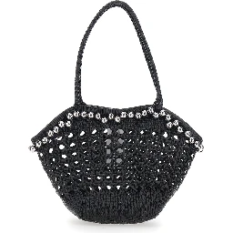 Lip Black Shoulder Bag with Rounded Handles and Bead Details in Leather for Women