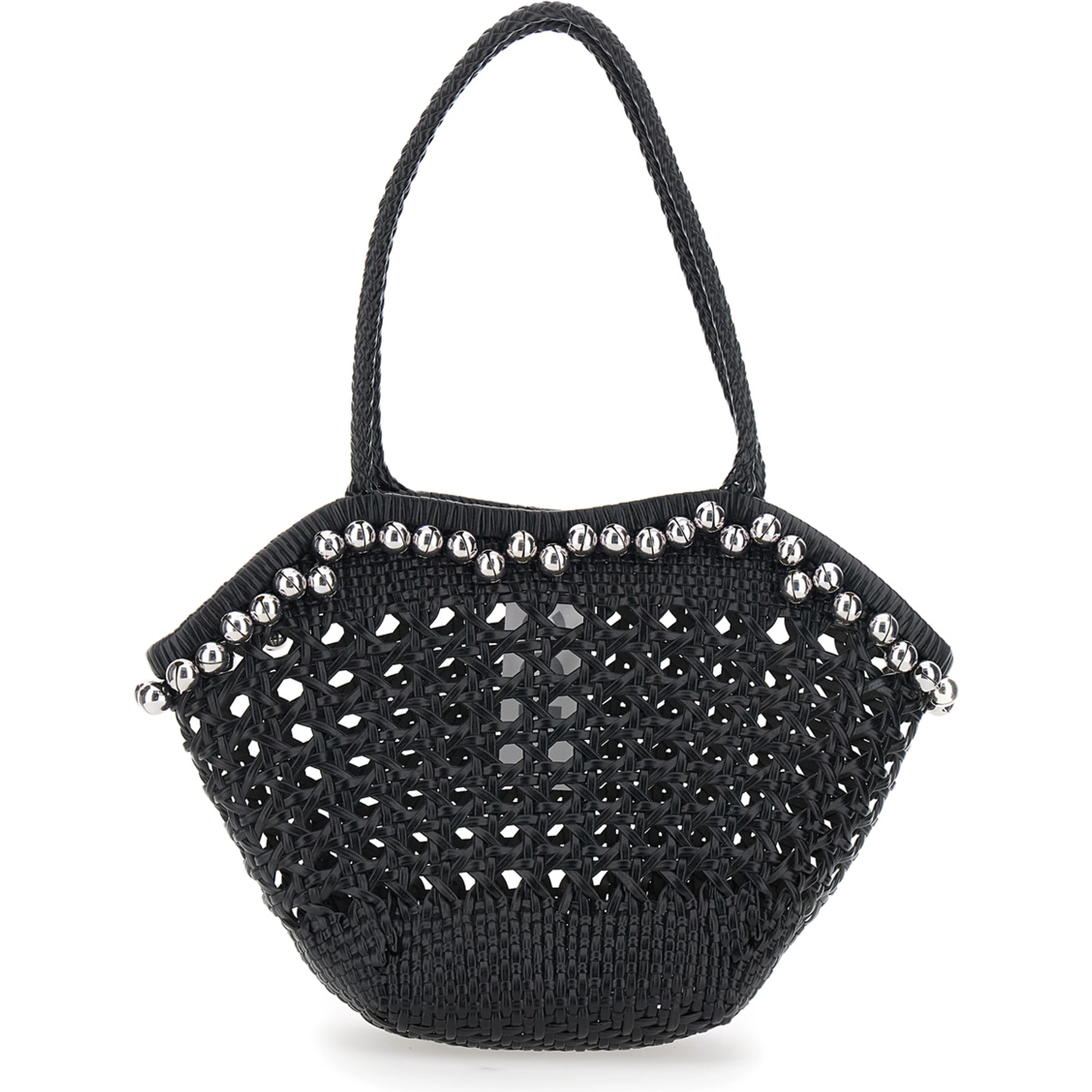 Lip Black Shoulder Bag with Rounded Handles and Bead Details in Leather for Women