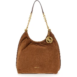 Indie Large Brown Shoulder bag with chain strap and logo plaque on the front in suede for women