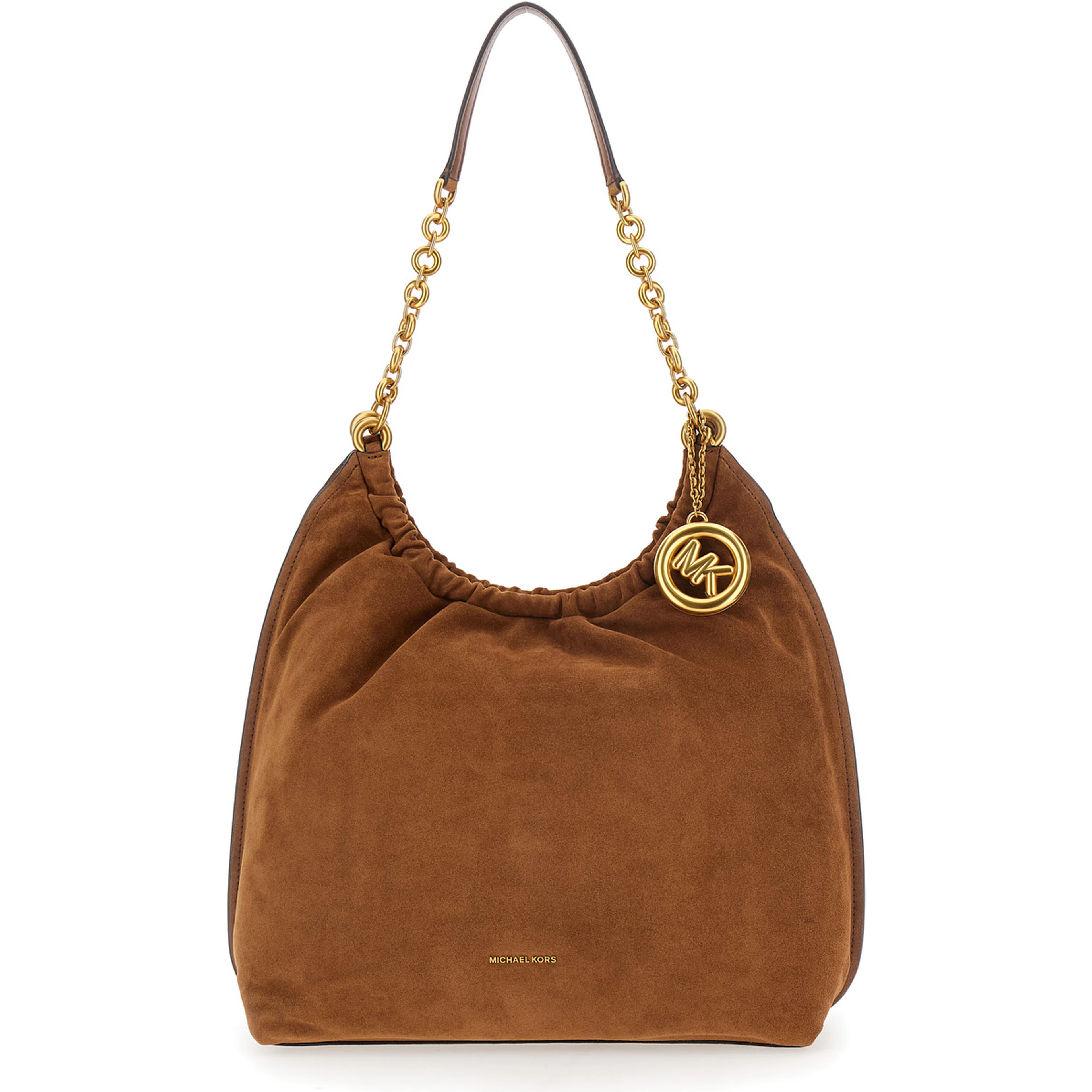 Indie Large Brown Shoulder bag with chain strap and logo plaque on the front in suede for women