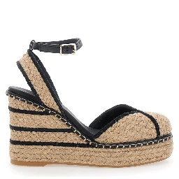 COVA Beige Wedges with Ankle Strap and High Wedge Heel in Fabric for Women