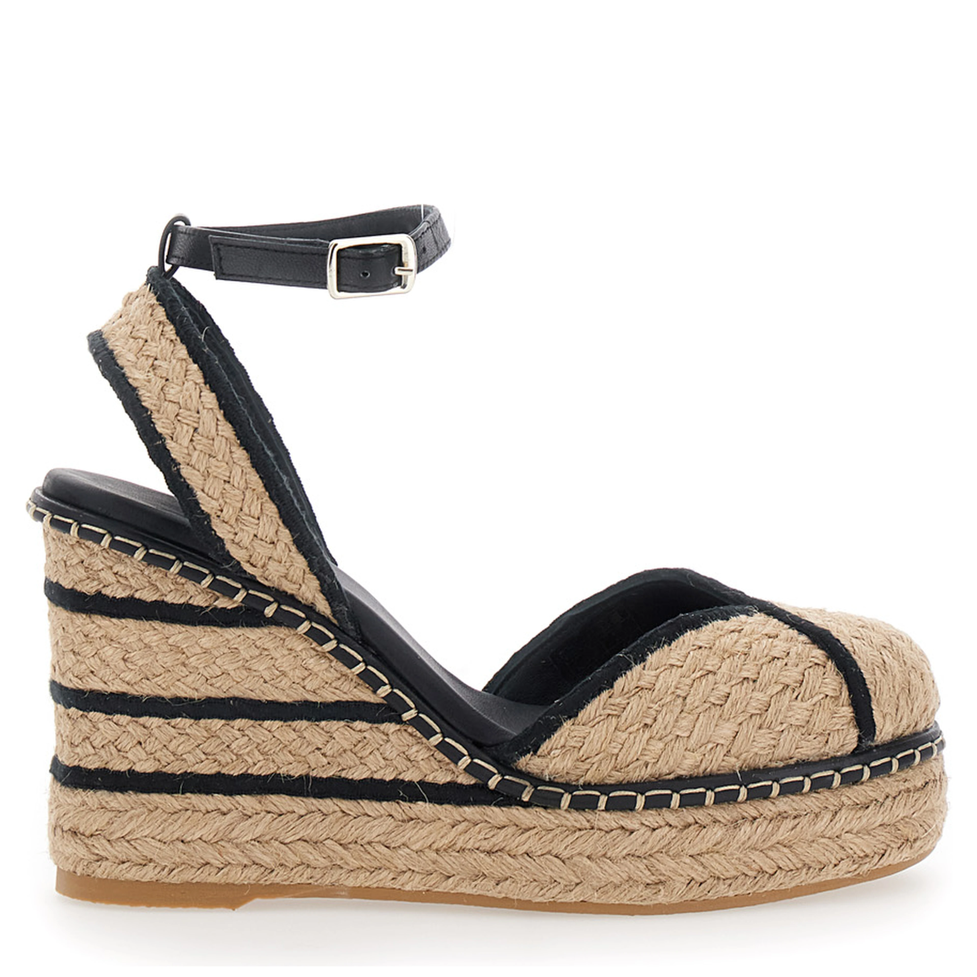 COVA Beige Wedges with Ankle Strap and High Wedge Heel in Fabric for Women