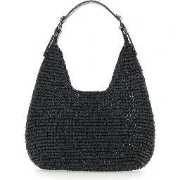 Nolita Small Black Shoulder Bag with Leather Logo on the Front and Woven Design in Raffia Women