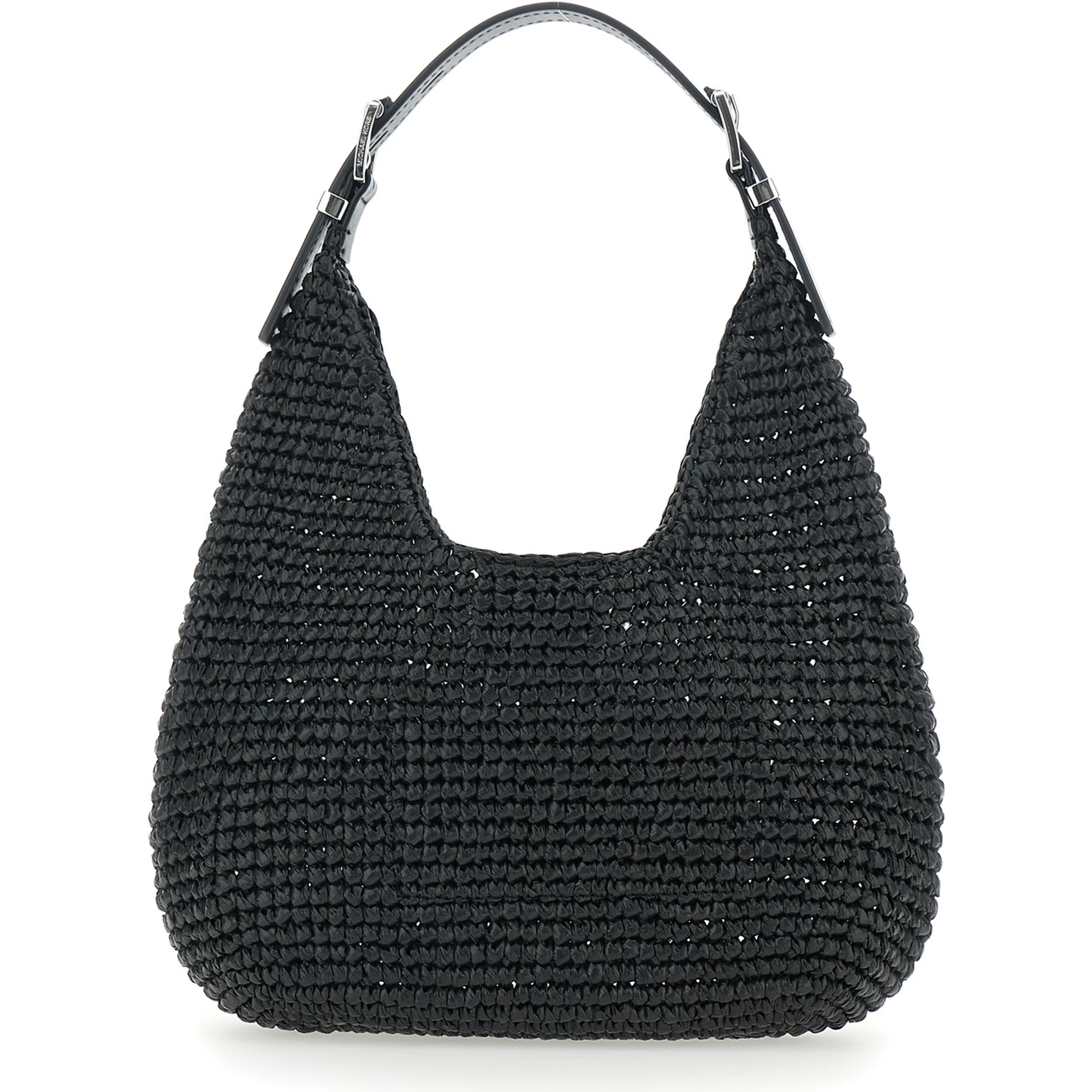 Nolita Small Black Shoulder Bag with Leather Logo on the Front and Woven Design in Raffia Women