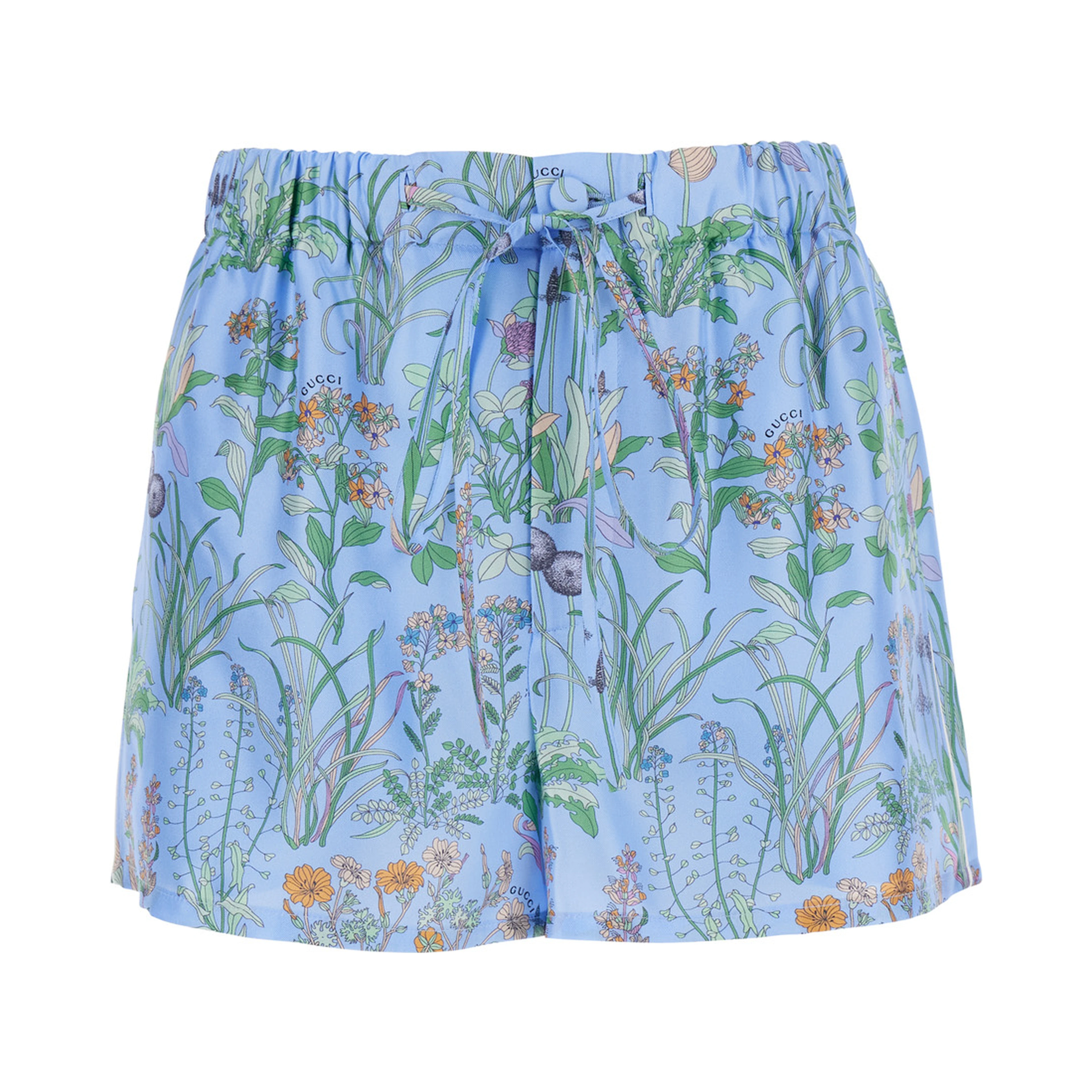Light blue Shorts with elasticated waist and drawstring and all-over floral print in silk for women