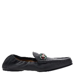 Black Loafers with Rounded Toe and Horsebit Detail on Front in Leather for Men