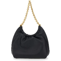 Indie Small black Shoulder Bag with chain strap and logo plate on the front in leather women