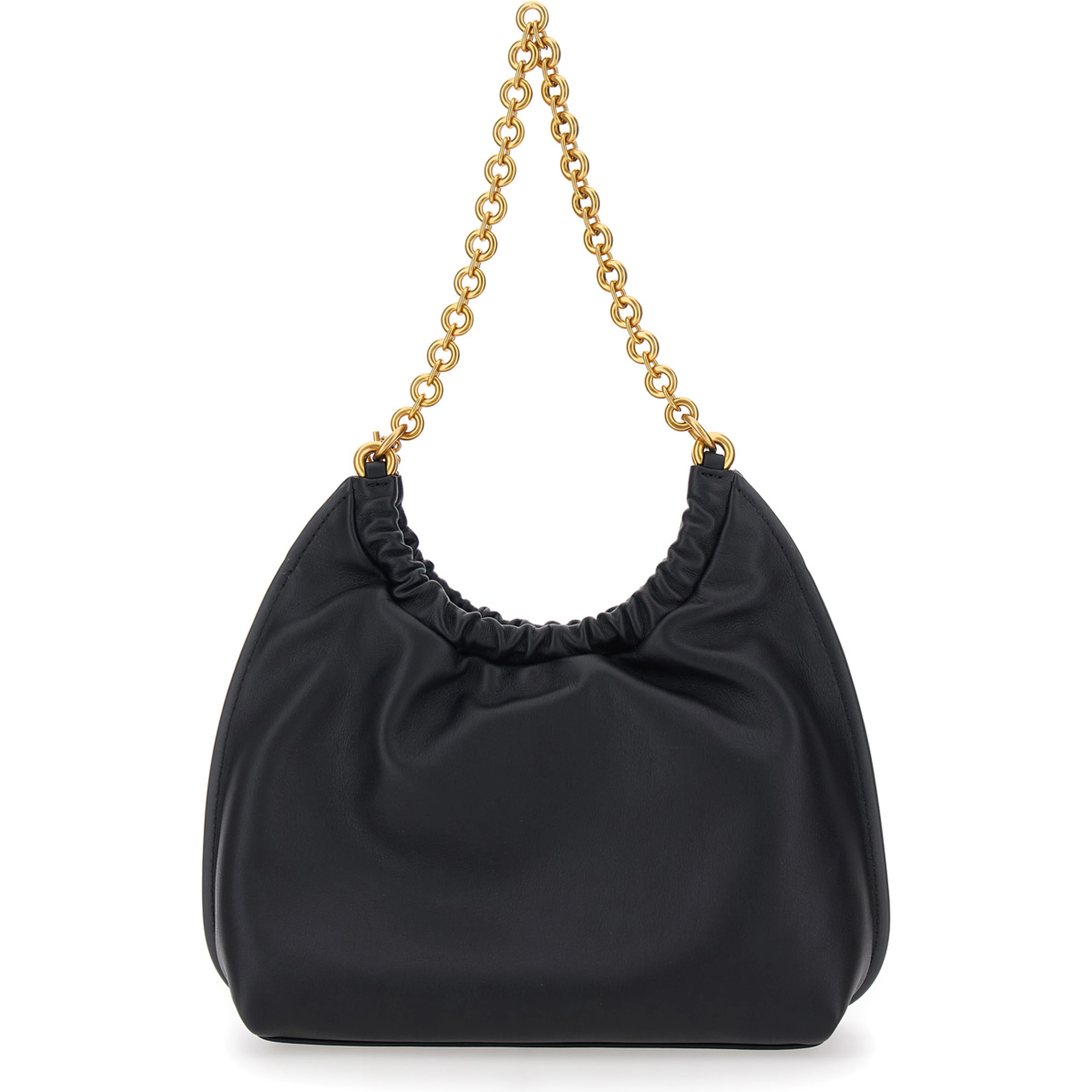 Indie Small black Shoulder Bag with chain strap and logo plate on the front in leather women