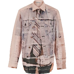 Pink Shirt with classic collar and trompe loeil print in cotton for men