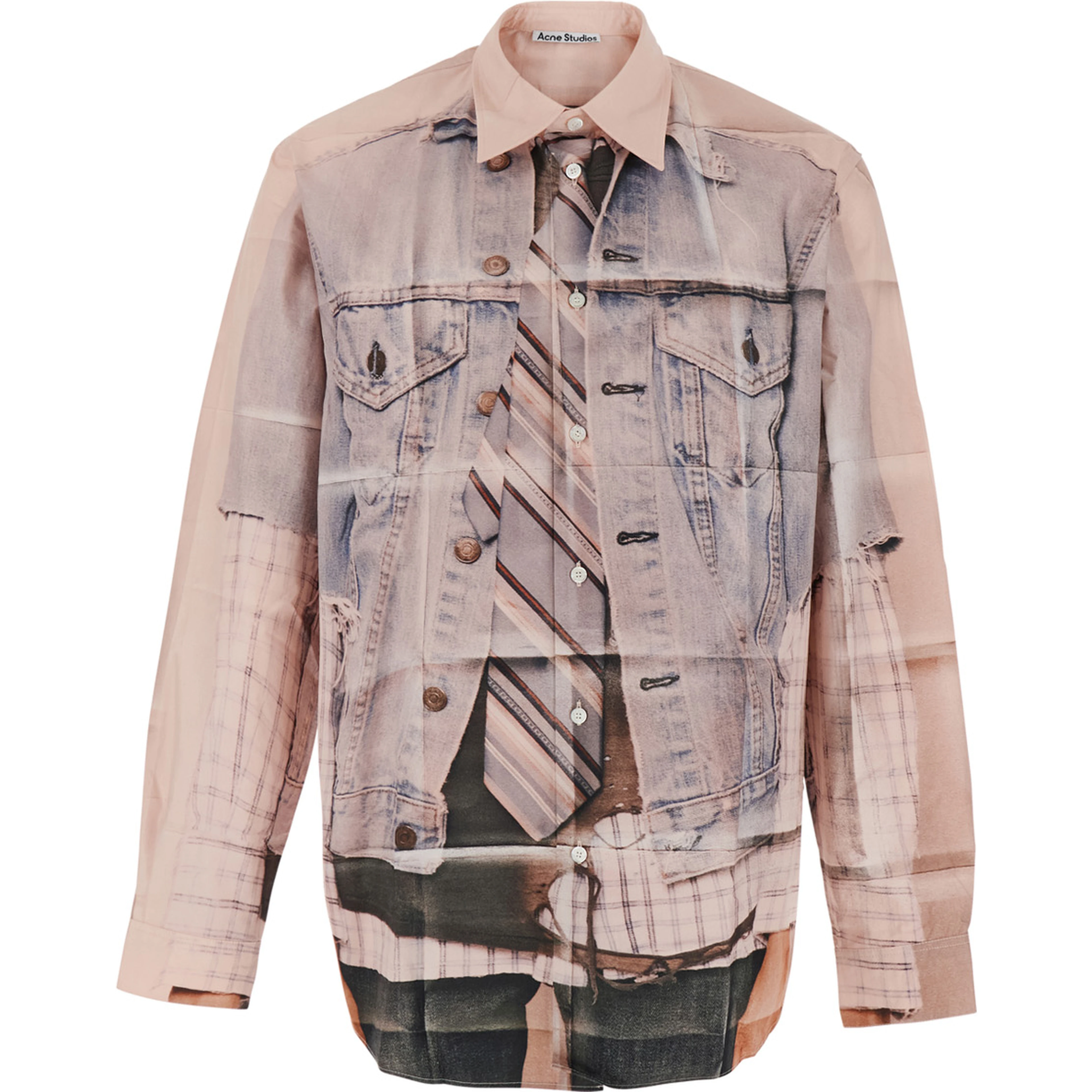 Pink Shirt with classic collar and trompe loeil print in cotton for men