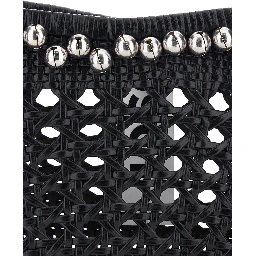 Lip Black Shoulder Bag with Rounded Handles and Bead Details in Leather for Women