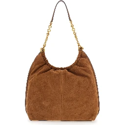 Indie Large Brown Shoulder bag with chain strap and logo plaque on the front in suede for women