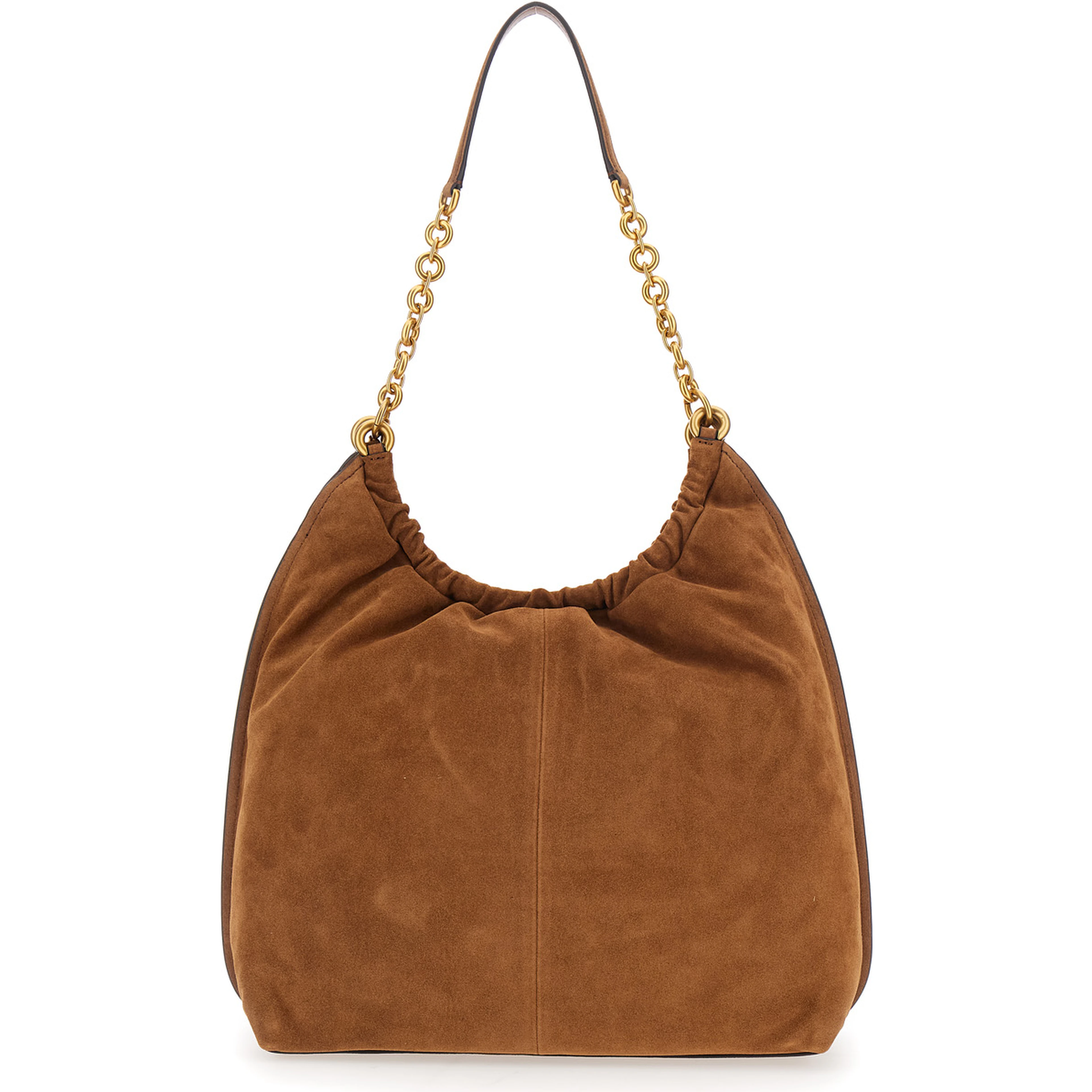 Indie Large Brown Shoulder bag with chain strap and logo plaque on the front in suede for women