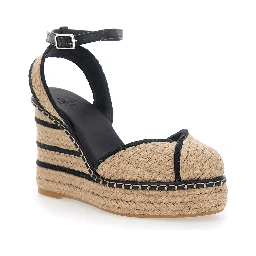 COVA Beige Wedges with Ankle Strap and High Wedge Heel in Fabric for Women
