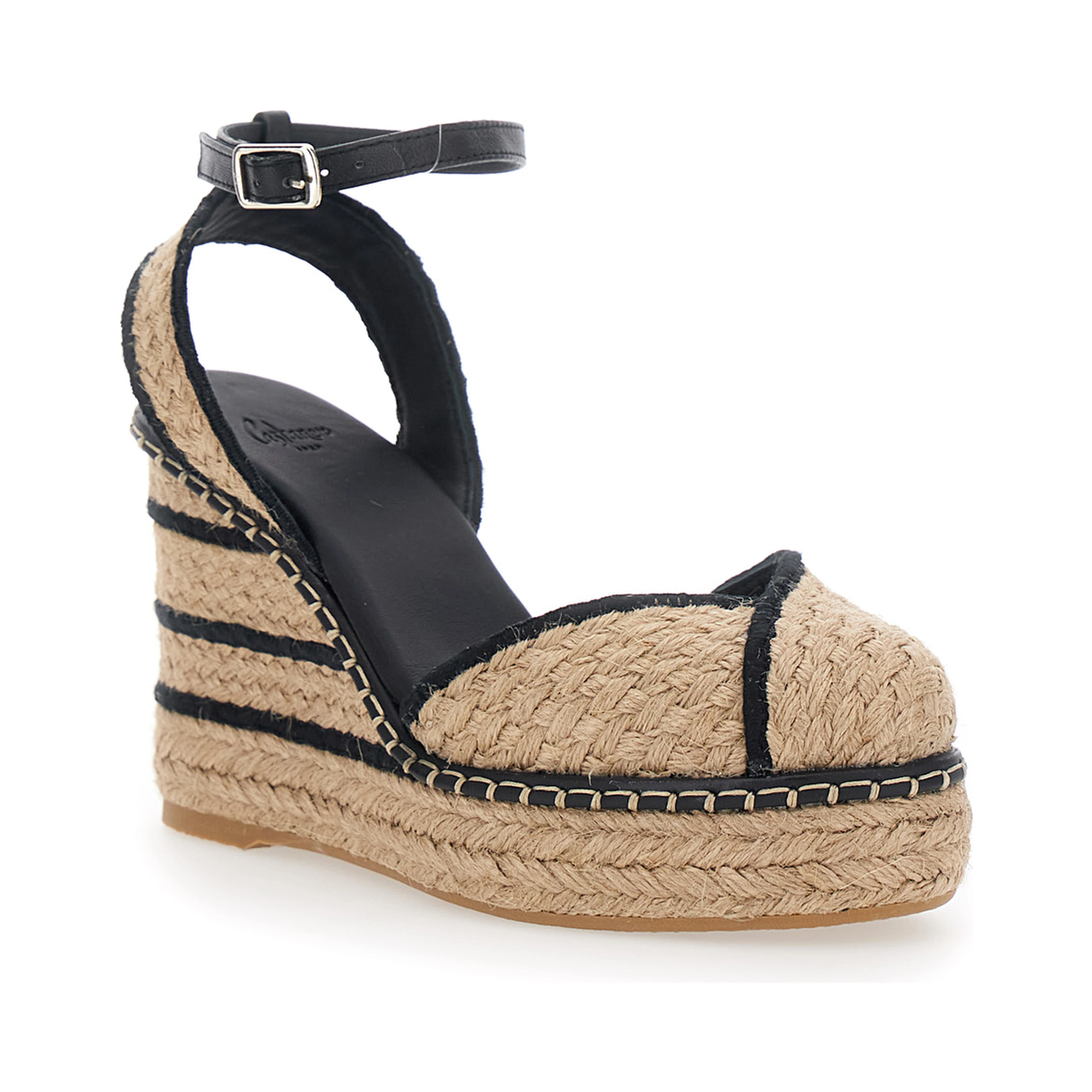 COVA Beige Wedges with Ankle Strap and High Wedge Heel in Fabric for Women
