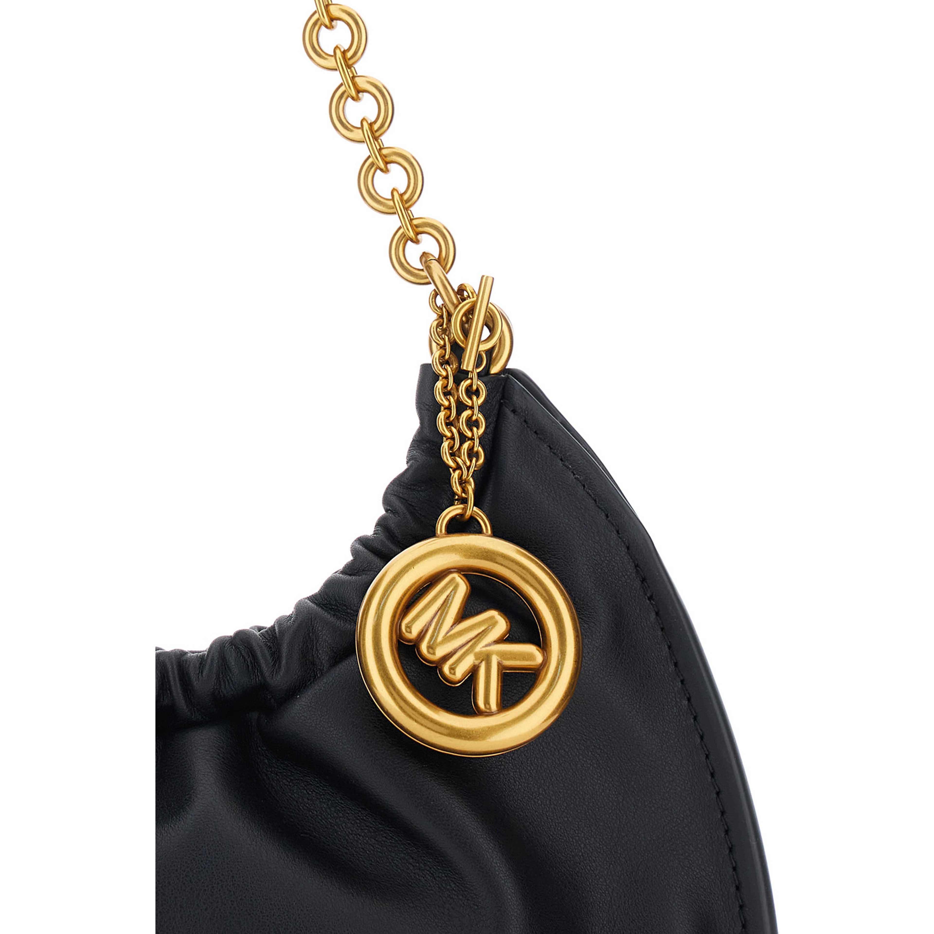 Indie Small black Shoulder Bag with chain strap and logo plate on the front in leather women