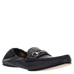 Black Loafers with Rounded Toe and Horsebit Detail on Front in Leather for Men