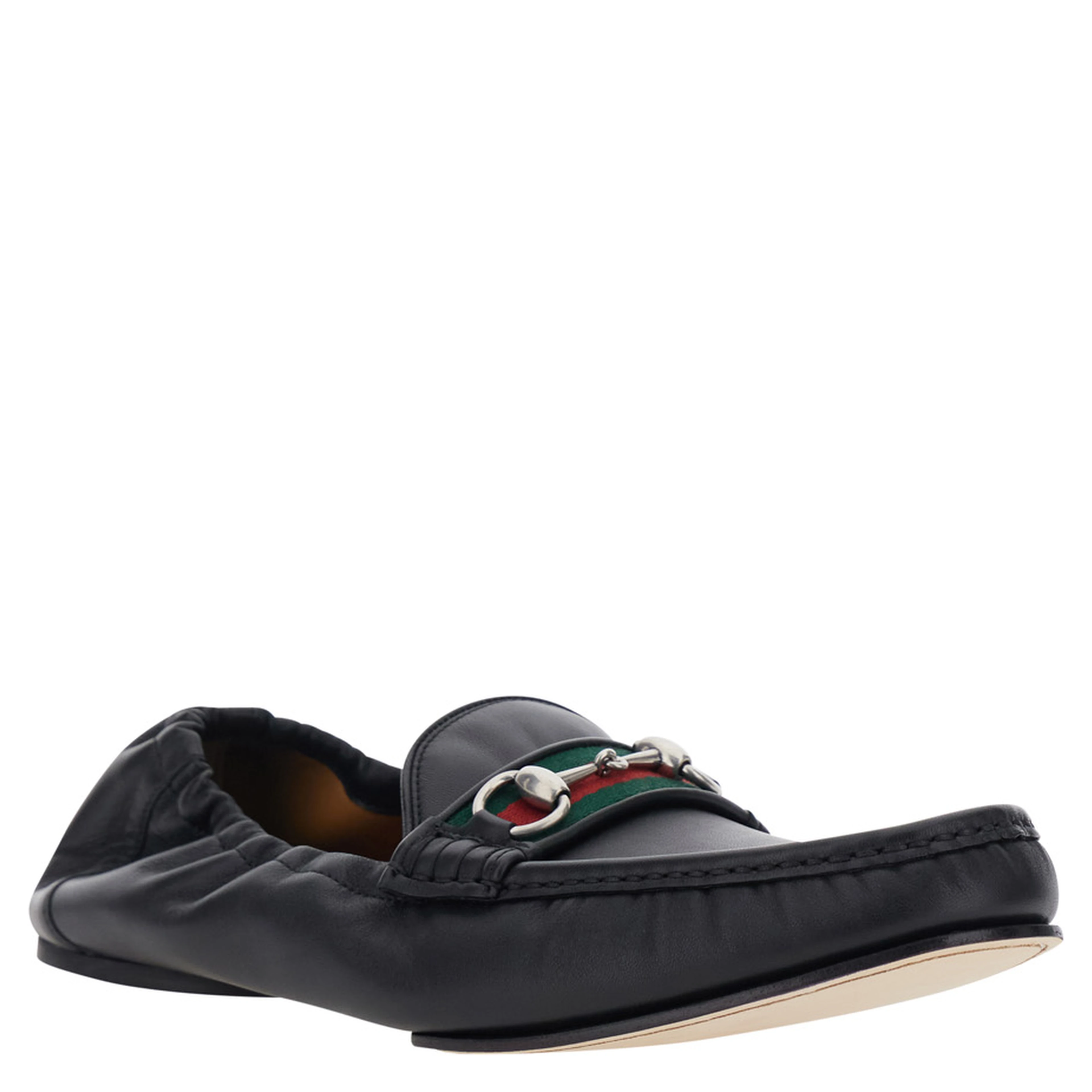 Black Loafers with Rounded Toe and Horsebit Detail on Front in Leather for Men