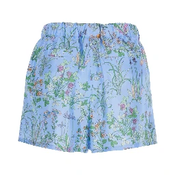 Light blue Shorts with elasticated waist and drawstring and all-over floral print in silk for women