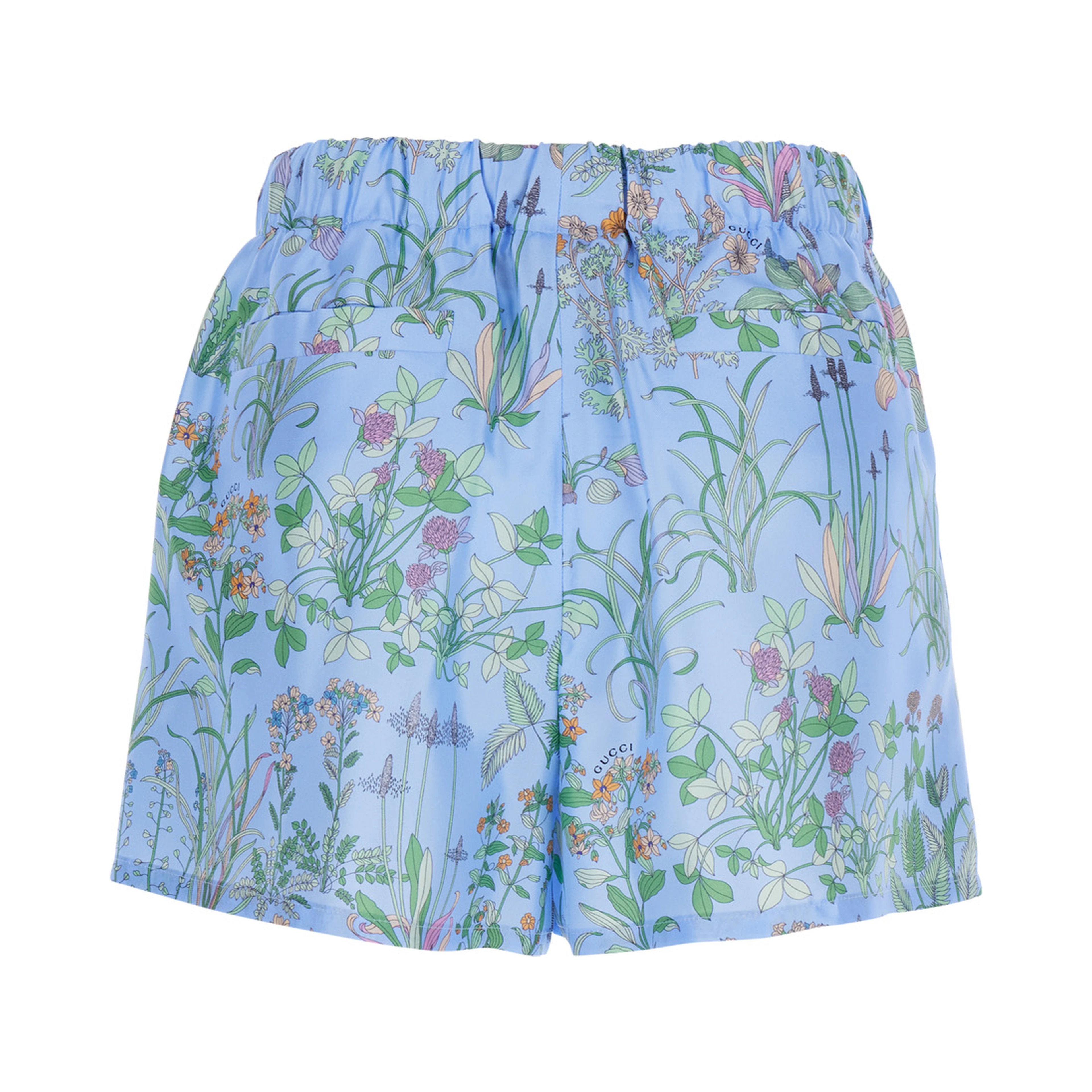 Light blue Shorts with elasticated waist and drawstring and all-over floral print in silk for women