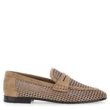 Brown Slip-On Loafers with Perforated Design in Leather Woman