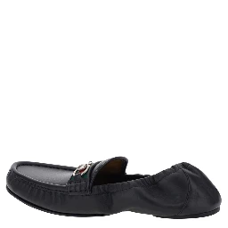 Black Loafers with Rounded Toe and Horsebit Detail on Front in Leather for Men