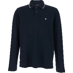 Blue Long Sleeve Polo with Front Logo in Cotton for Men