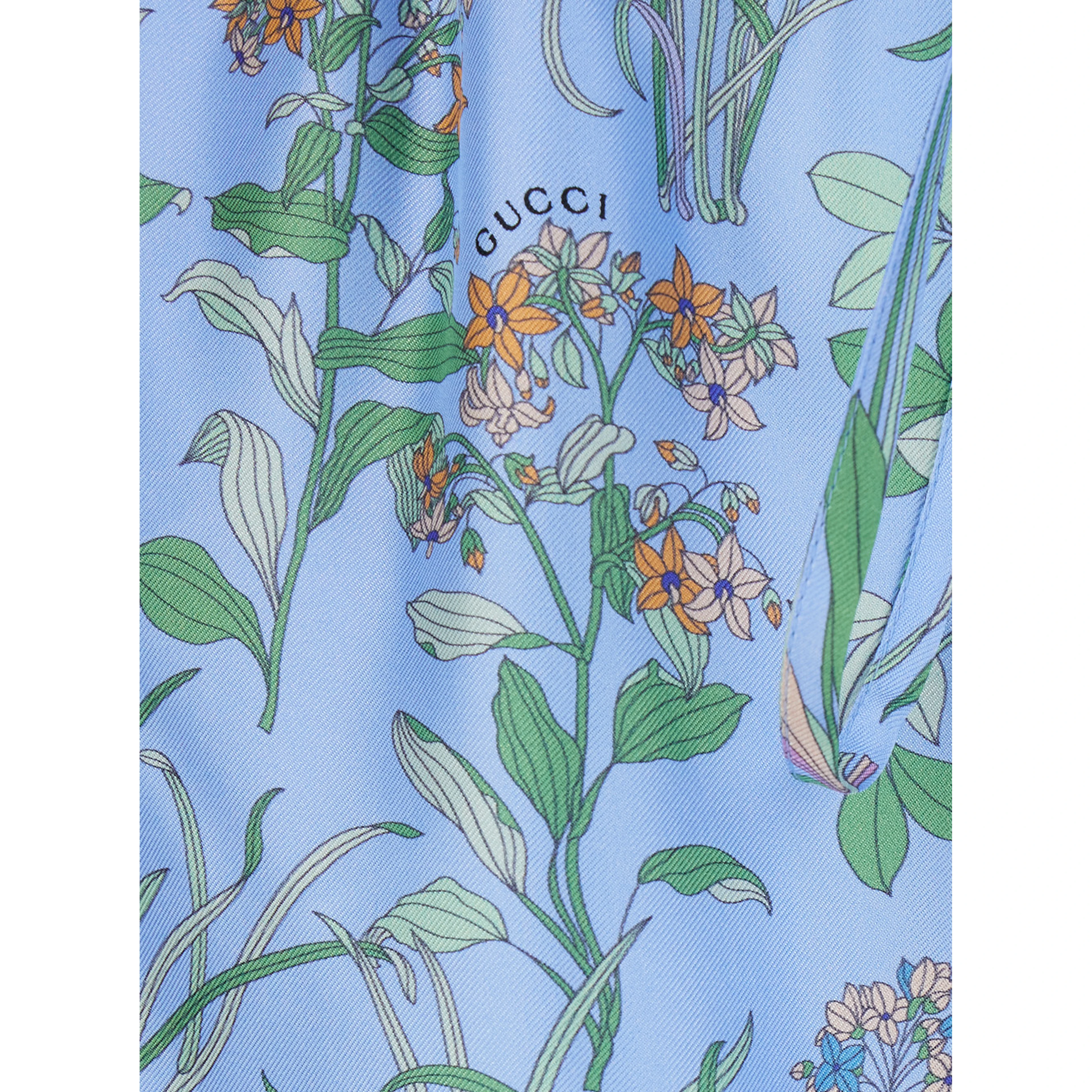 Light blue Shorts with elasticated waist and drawstring and all-over floral print in silk for women