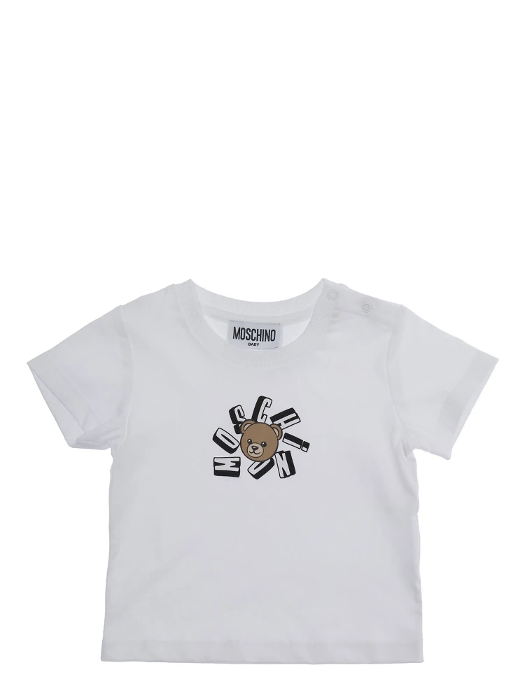 White Crew Neck T-Shirt with Front Print in Cotton Baby