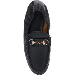 Black Loafers with Rounded Toe and Horsebit Detail on Front in Leather for Men