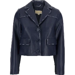 Blue Jacket with Notched Revers and Contrast Stitching in Leather Women