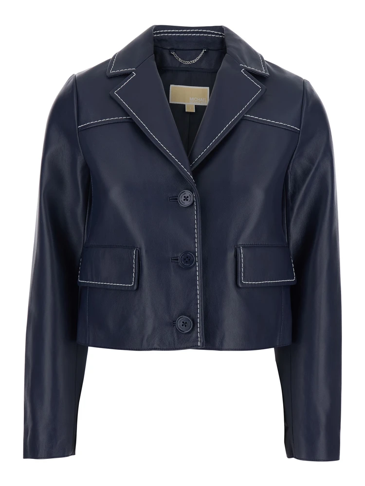 Blue Jacket with Notched Revers and Contrast Stitching in Leather Women