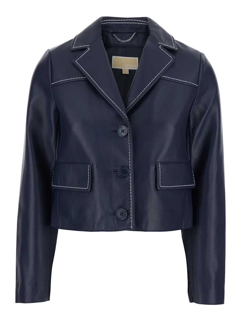 Blue Jacket with Notched Revers and Contrast Stitching in Leather Women