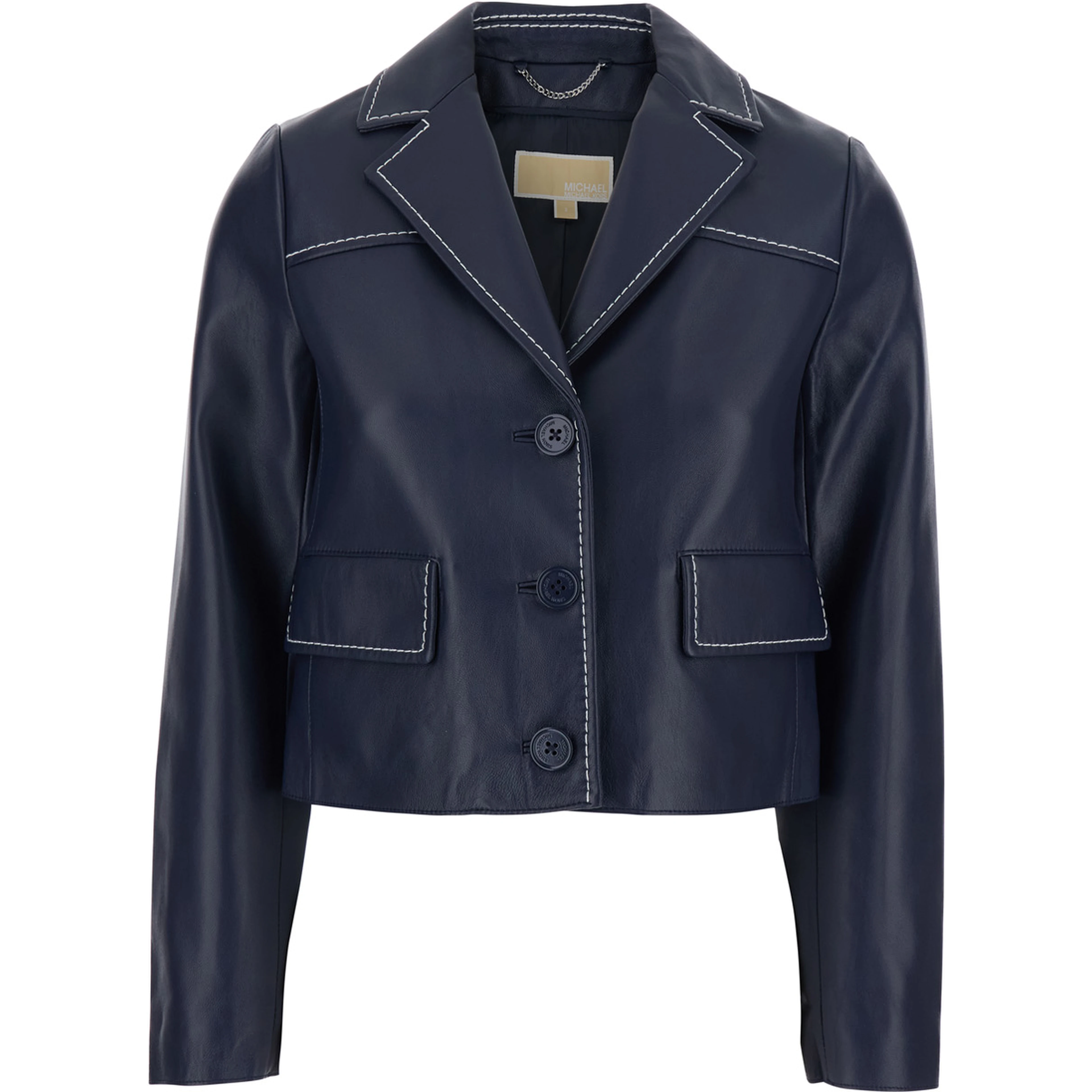 Blue Jacket with Notched Revers and Contrast Stitching in Leather Women