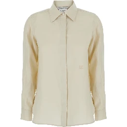 Beige Long-Sleeved Shirt with Classic Collar in Linen for Women