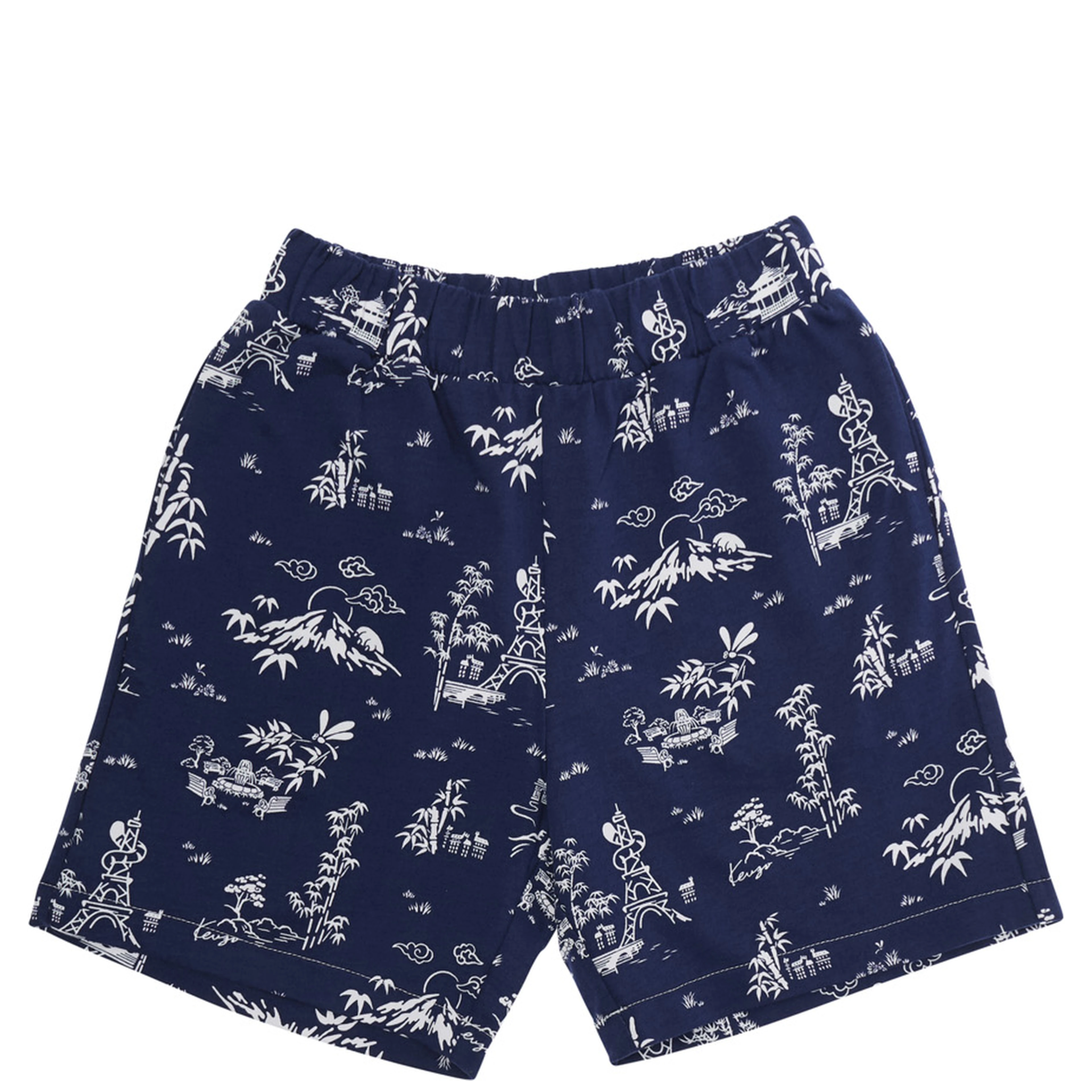 Blue Bermuda Shorts with All-Over Print and Logo Patch on the Back in Cotton Boy