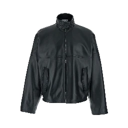 Black Bomber jacket with high collar with Intreccio design in leather for men